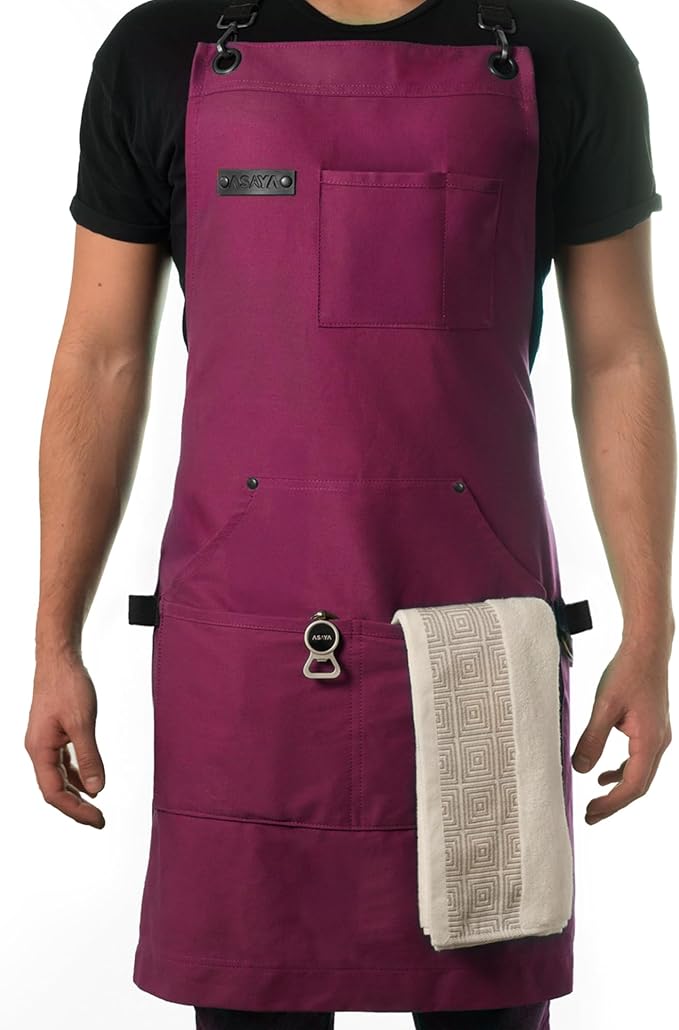 Asaya Chef and BBQ Apron with Bottle Opener and Hand Towel - 10oz Cotton Canvas by AsayaChefProducts