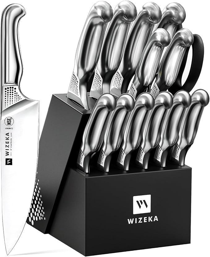 WIZEKA Kitchen Knife Set with Block: 15PCS German Stainless Steel Knife Block by WIZEKA