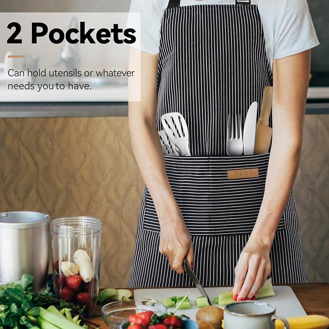 NLUS 2 Pcs Kitchen Cooking Aprons, Poly/Cotton Blend Adjustable Soft Bib Stripe - Image 2
