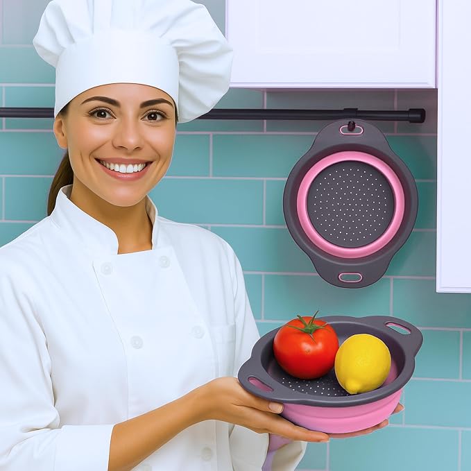 Pink Round Silicone Colander Collapsible – Foldable Kitchen Strainer Small - Image 8