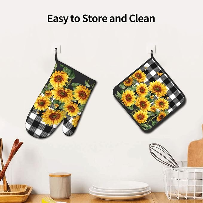 Sunflower Oven Mitts and Pot Holders Sets of 2 Buffalo Plaid Kitchen Mitts - Image 6