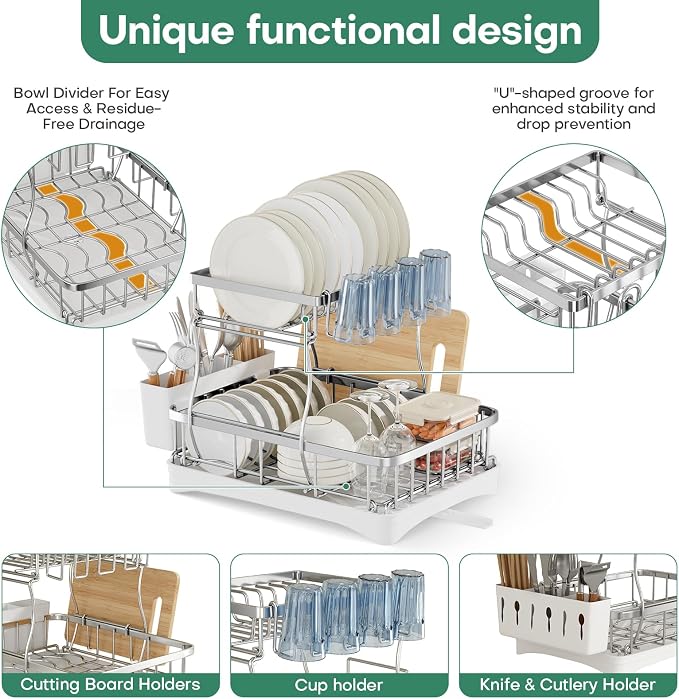 2 Tier Dish Drying Rack, Stainless Steel Dish Rack - Image 3