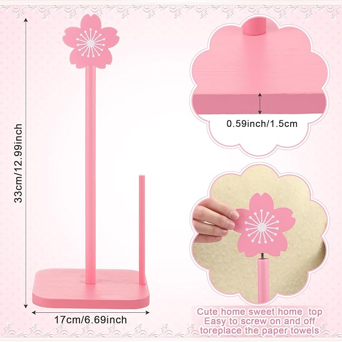 Leinuosen Pink Cherry Blossoms Paper Towel Holder Cute Bow Wooden Paper Towel - Image 2