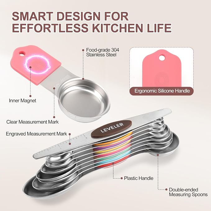 16-Piece Stainless Steel Measuring Cups and Spoons Set, Strong Magnetic Nesting - Image 2