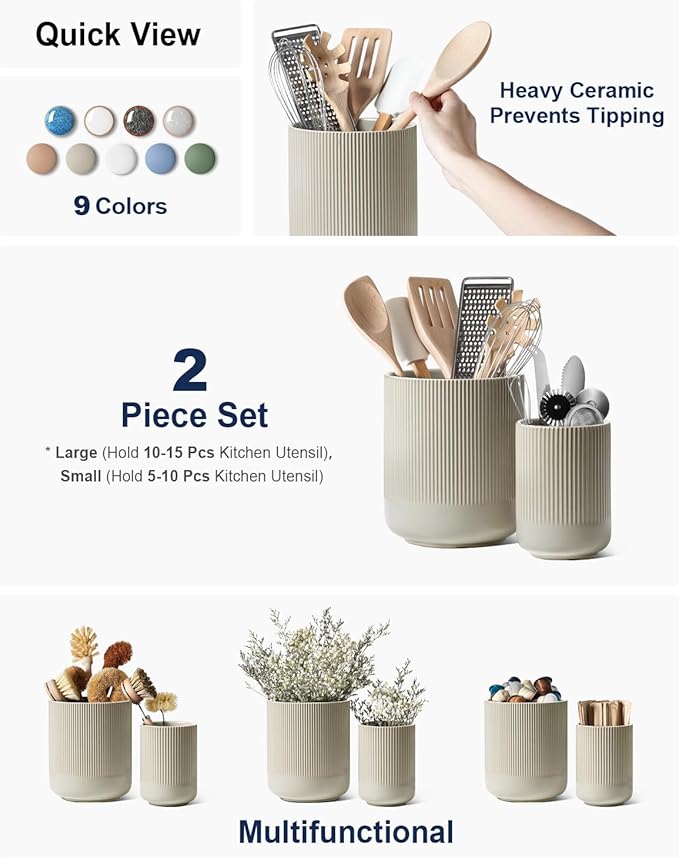 LE TAUCI Utensil Holder for Kitchen Counter, 7.3"+5.4" Fluted Ceramic Utensil - Image 2