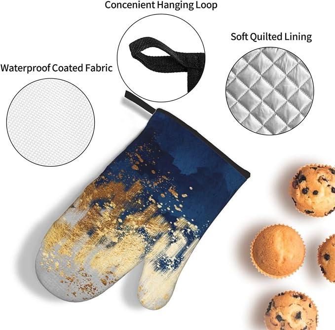 Blue and Gold Watercolor Abstract Oven Mitts and Pot Holder Sets of 3, Non-Slip - Image 6