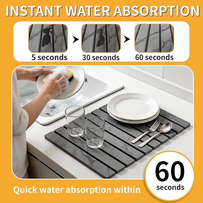 Stone Dish Drying Mat for Kitchen Counter, Foldable Water Absorbing - Image 2