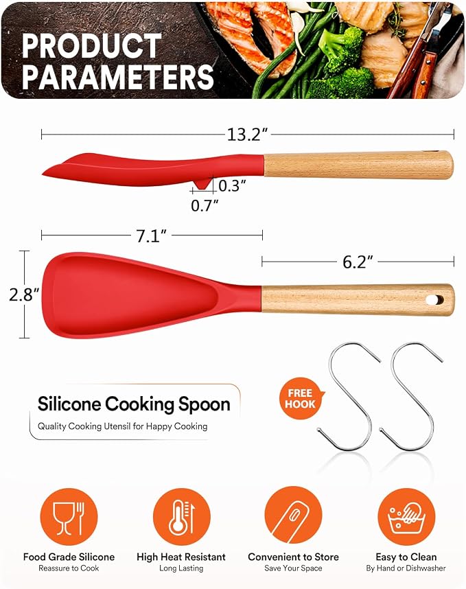 Cooking Spoon for Nonstick Cookwares, Wood Handle Spoon for Mixing, and Scrape - Image 2