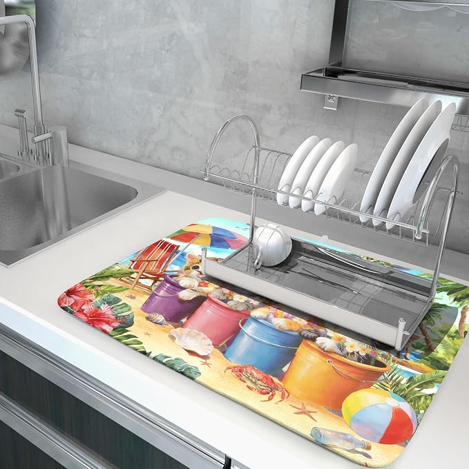Lovely Cat Dish Drying Mat for Kitchen Counter Holiday Beach Absorbent Coffee - Image 5