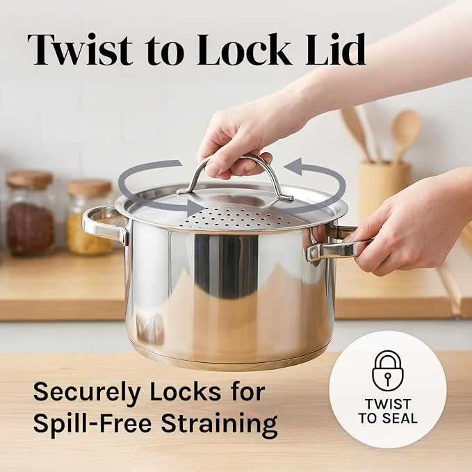 Stainless Steel Pasta Pot with Strainer Lid — 5.5 Qt Large Capacity Spaghetti - Image 3