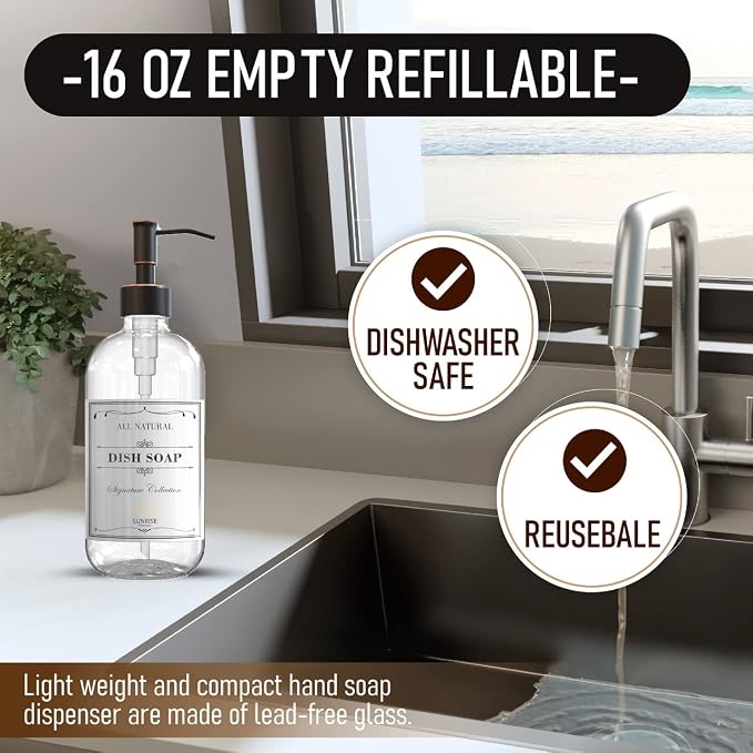 Sunrise Premium 2 Pack Clear Glass Soap Dispenser 16 OZ - Image 2