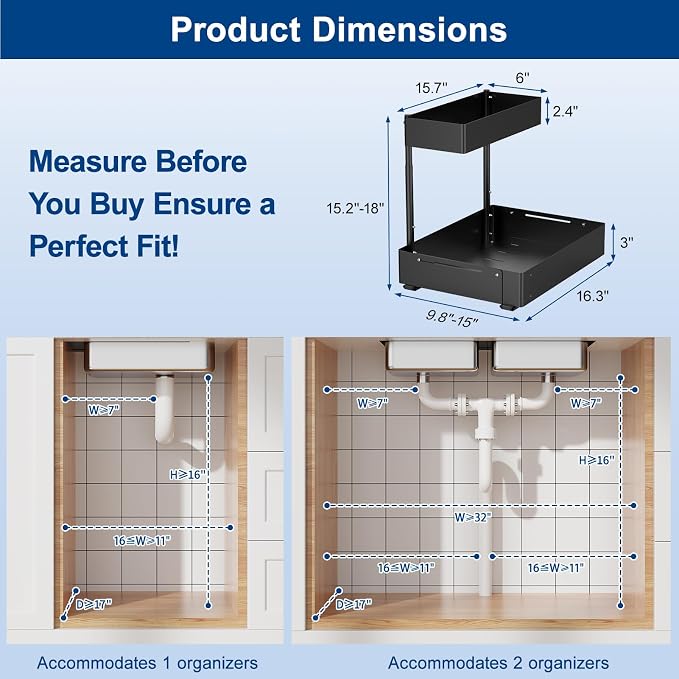 2 Pack Under Sink Organizer, Insputer 2 Tier Under Cabinet Storage Expandable - Image 5
