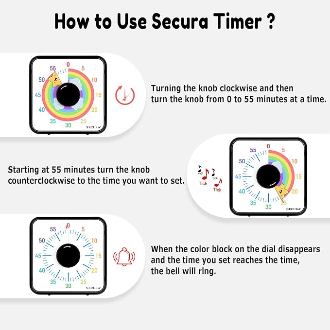 Secura 60-Minute Visual Timer, 7.5 Inch Magnetic Rainbow Countdown Timer - Image 3