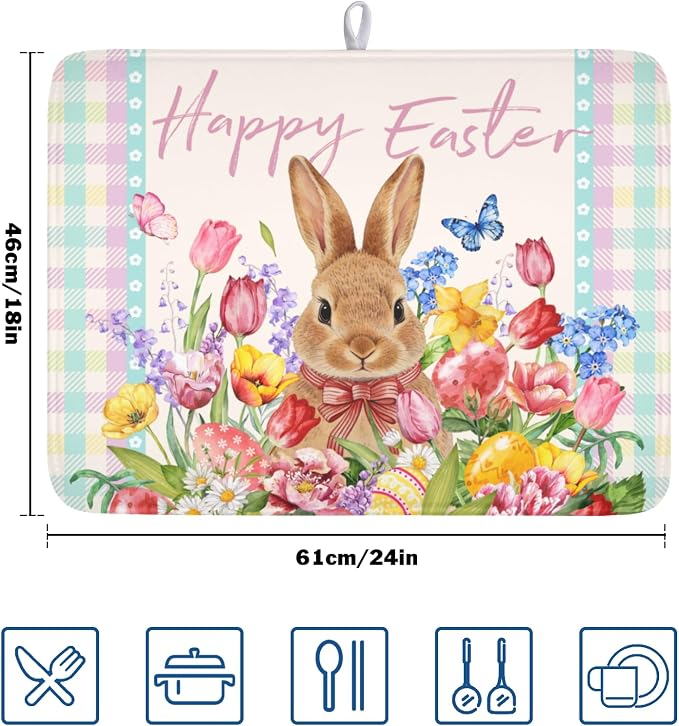 Easter Bunny Dish Drying Mat for Kitchen Counter Happy Easter Rabbit Floral - Image 2