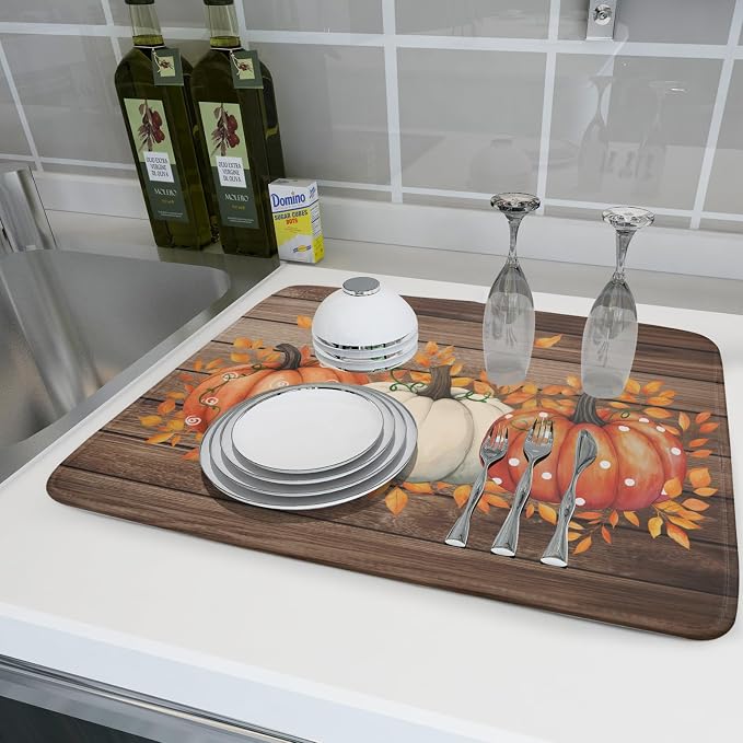Autumn Pumpkin Dish Drying Mat Rustic Wood Dish Drainer Mats Fast Dry - Image 6