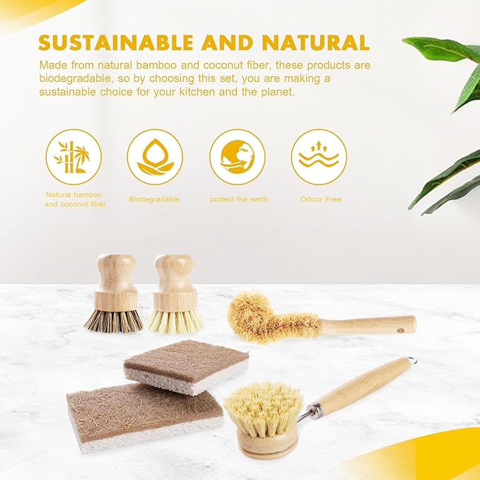 DEBETOOL 6 Piece Bamboo Dish Brush Set - Image 7
