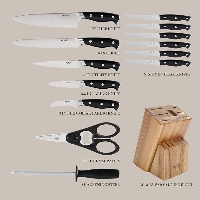 Martha Stewart Greeley 14 pc Triple- Riveted Cutlery Knife Acacia Wood Block - Image 3