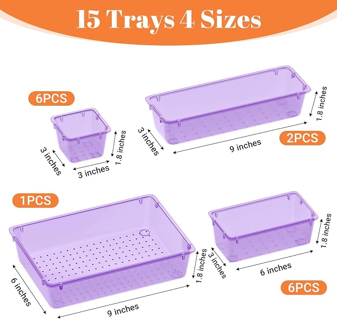 SpaceHacks 15 PCS Clear Plastic Drawer Organizer Set, 4-Size Acrylic Drawer - Image 3