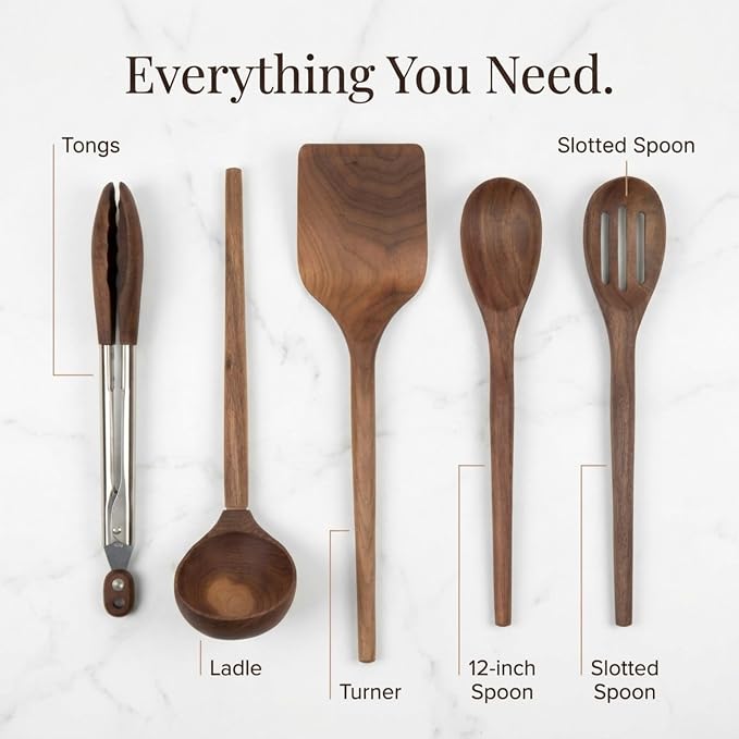 Salt & York 5-piece Walnut Wooden Kitchen Utensil Set - Image 3