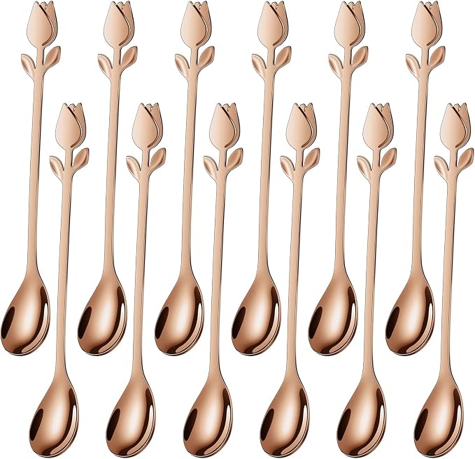 Rose Gold Tulip/Rose Handle 12-Pcs Mini Coffee Spoons Set by SGvrPvz