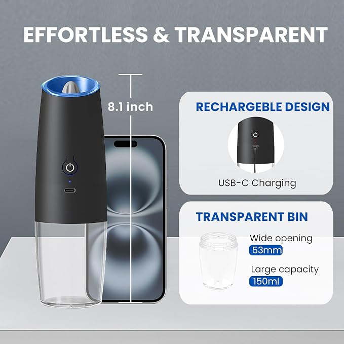 UNNEES Rechargeable Electric Salt and Pepper Grinder, gravity electric salt and - Image 5