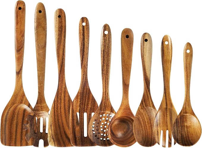 Wooden Spoons for Cooking – 9 Pc Teak Wood Utensil Set, Nonstick Safe & Heat by SIXILANG