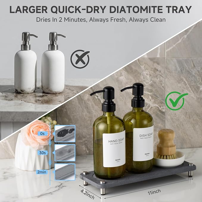 2 Pack Kitchen Soap Dispenser Set - 16oz Green Glass Dish and Hand Soap - Image 2