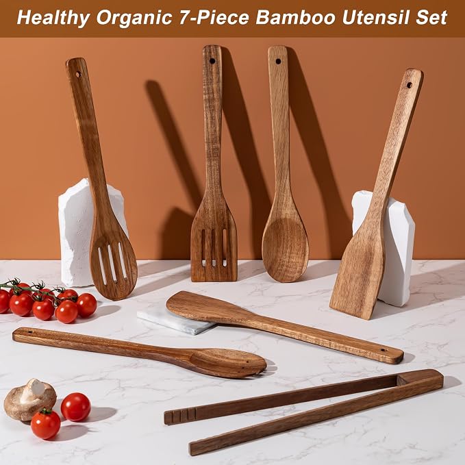 Eisinly Wooden Spoons for Cooking 7-Piece, Kitchen Nonstick Wood Cooking - Image 3