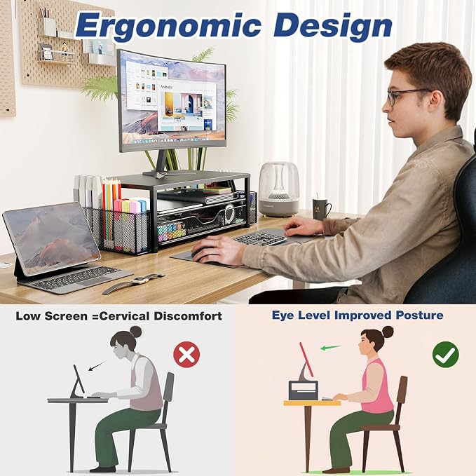 OPNICE Desk Organizer and Accessories, 2-Tier Computer Monitor Stand Riser - Image 2