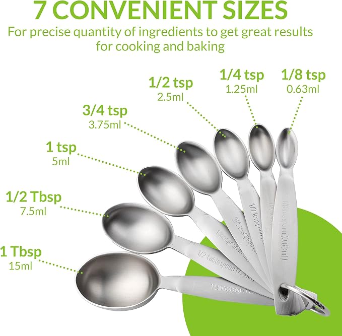 Spring Chef Stainless Steel Measuring Spoons Set of 7, Oval Metal Teaspoon & - Image 2