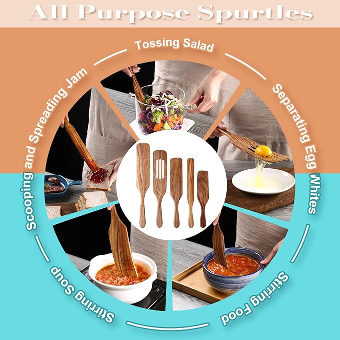 5Pcs Wooden Spurtle Set, Natural Acacia Wood Kitchen Utensils Set - Image 4