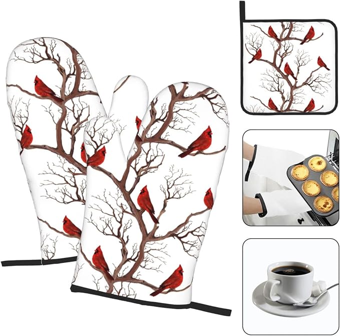 Winter Cardinal Birds Oven Mitts and Pot Holders Sets of 3 Kitchen Hot Pads - Image 3