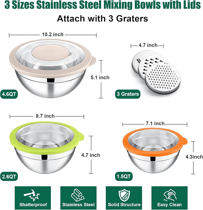 E-far Mixing Bowls with Lids and Graters, Stainless Steel Salad Mixing Bowl - Image 5