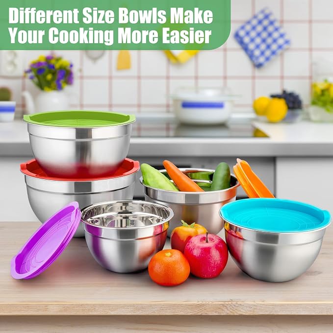 P&P CHEF Mixing Bowls with Airtight Lids Set of 5, 10-Piece Stainless Steel - Image 2