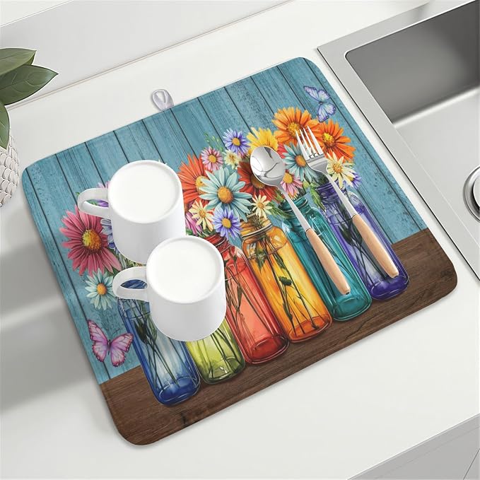 Vintage Floral Dish Drying Mat for Kitchen Counter Rustic Flower Vases Wooden - Image 8