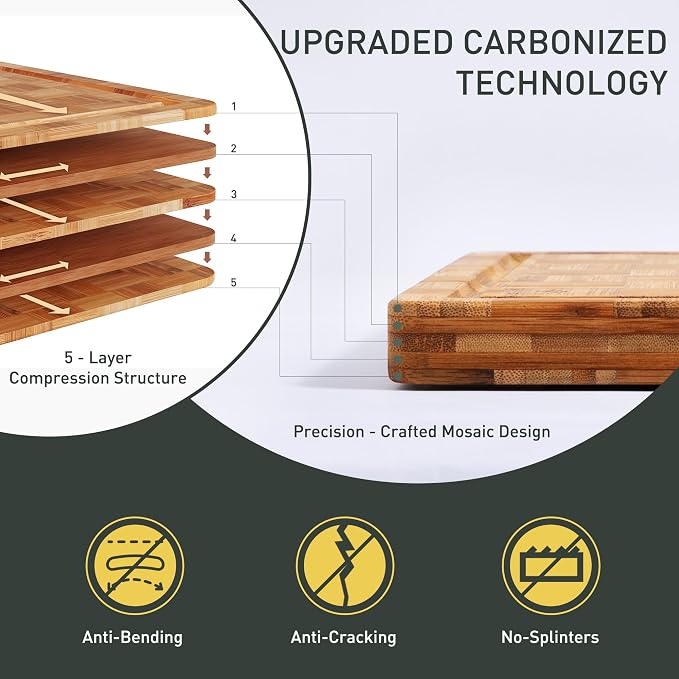 2 Pack Heavy Duty Bamboo Cutting Board Set Non Slip Over Sink Solid End Grain - Image 4