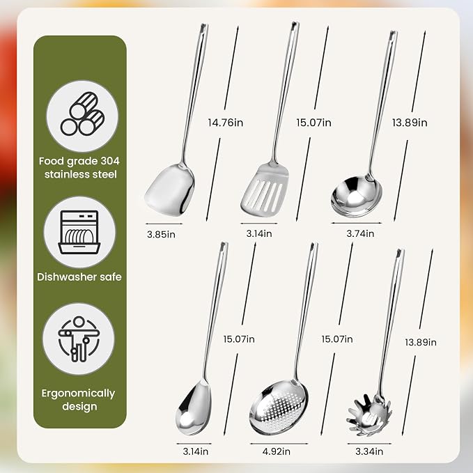 VALESKA 6PCS Stainless Steel Cooking Utensils Set, 18/10 Metal Kitchen Utensils - Image 2