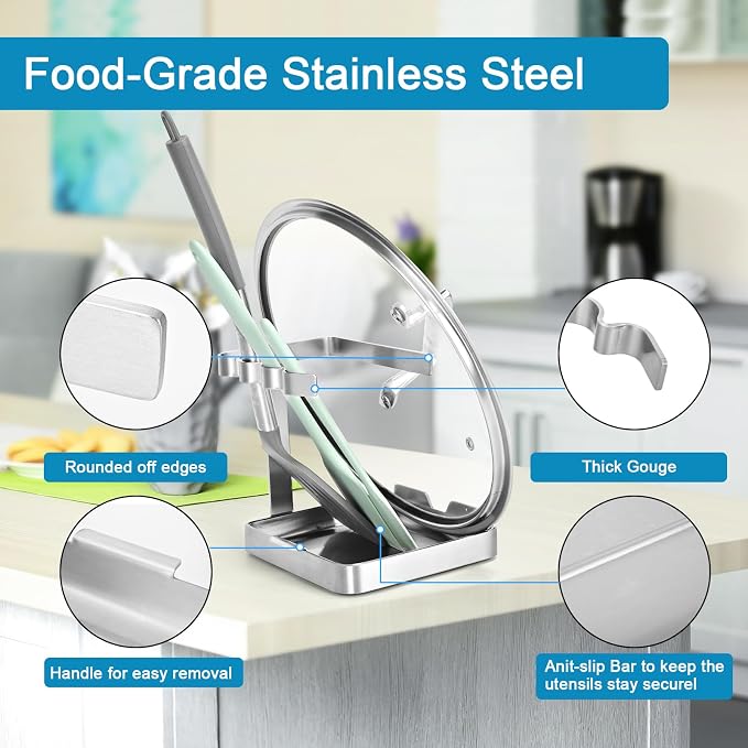 SOLEADER Pot Lid Holder While Cooking, 2 in 1 Stainless Steel Upright Spoon Rest - Image 3