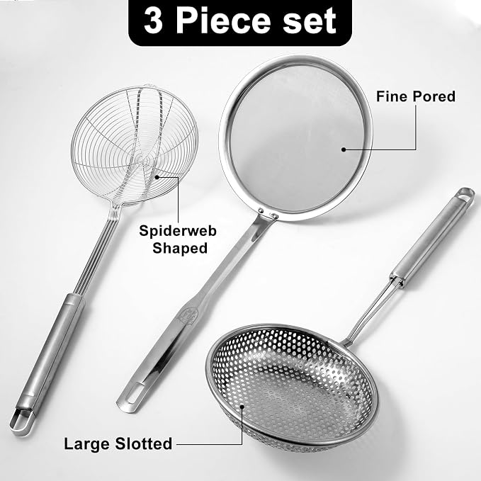 Spider Strainer & Skimmer Spoon Set, 3-Piece Stainless Steel Ladle Metal Wire - Image 2