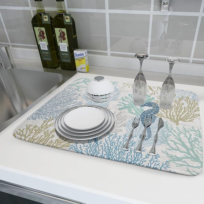 Blue Coral Dish Drying Mat Coastal Starfish Dishes Pad Hanging Drainer Mats - Image 6