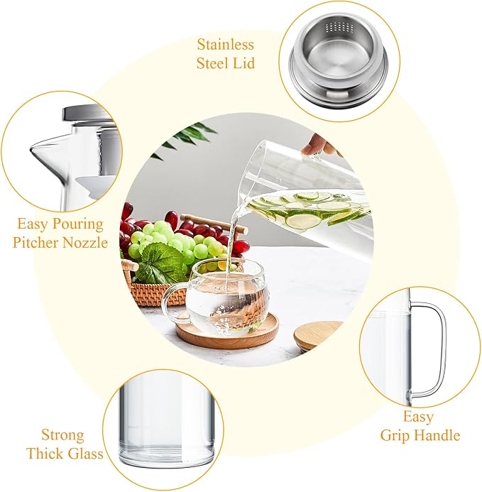 Hsei 2 Sets Glass Pitcher with Lid, 50 oz / 1500 ml Water Carafe with Handles - Image 4