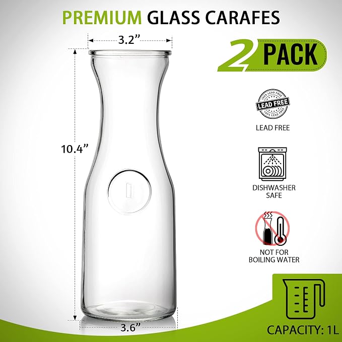 Set of 2 Glass Carafe with Lids, 1 Liter Water Pitcher Carafe - Image 2