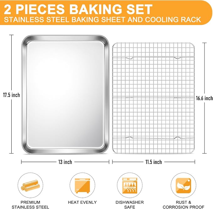 E-far Baking Sheet with Wire Rack Set, 17.6” x 13” Stainless Steel Cookie Sheet - Image 2