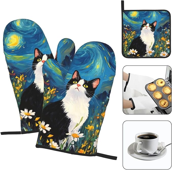 Funny Black Cat Oven Mitts and Hot Pads Set of 3, Abstract Cute Kitchen Mitts - Image 3