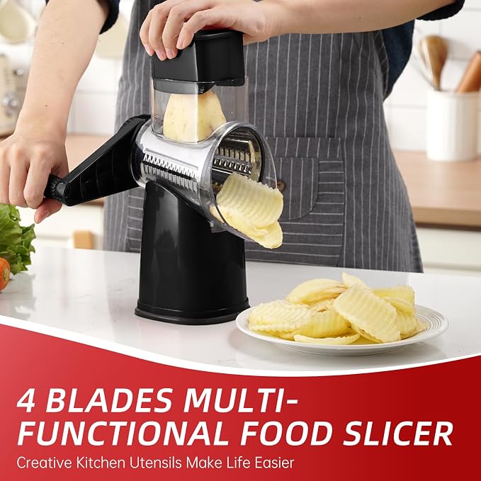 Rotary Cheese Grater with 4 Blades, Hand Crank Cheese Grater with Waffle Slicer - Image 3