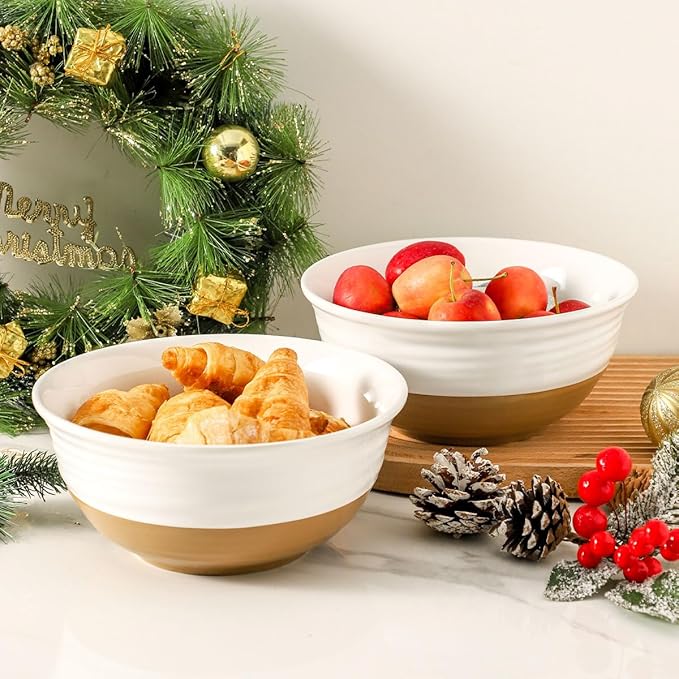 HASENSE Large Ceramic Serving Bowls Set of 2, 60 Oz 8.5 Inch White & Terracotta - Image 4