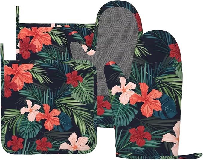 Tropic Hawaiian Hibiscus Flower Oven Mitts Pot Holders Set Silicone Heat by LONSANT