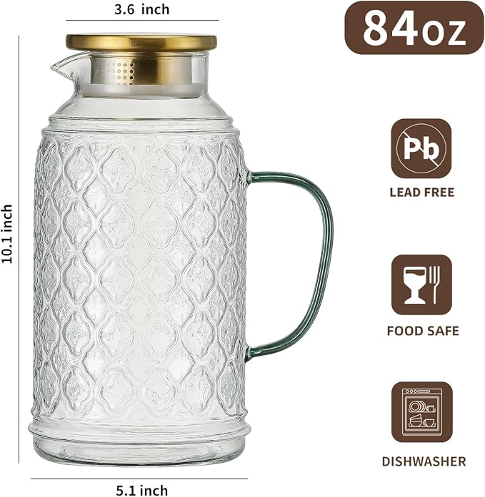 Buaic Glass Pitcher with Lid, 2 PACK 84 oz/2.5L Liter Vintage Water Pitcher - Image 2