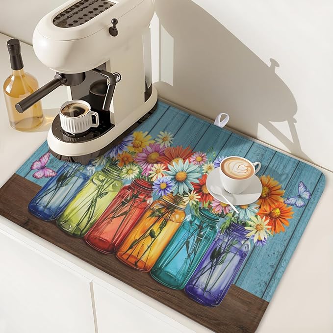 Vintage Floral Dish Drying Mat for Kitchen Counter Rustic Flower Vases Wooden - Image 7