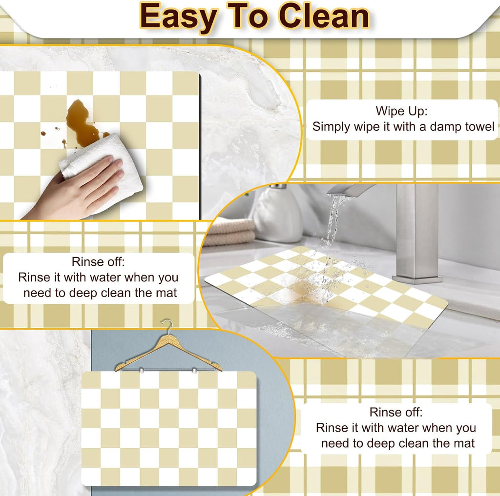 Checkered Dish Drying Mat for Kitchen, 16'' x 24'' Coffee Bar Mat for